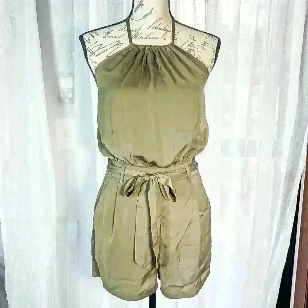 Dynamite Size XS olive green halter neck romper zip back pockets/belted - Picture 1 of 10